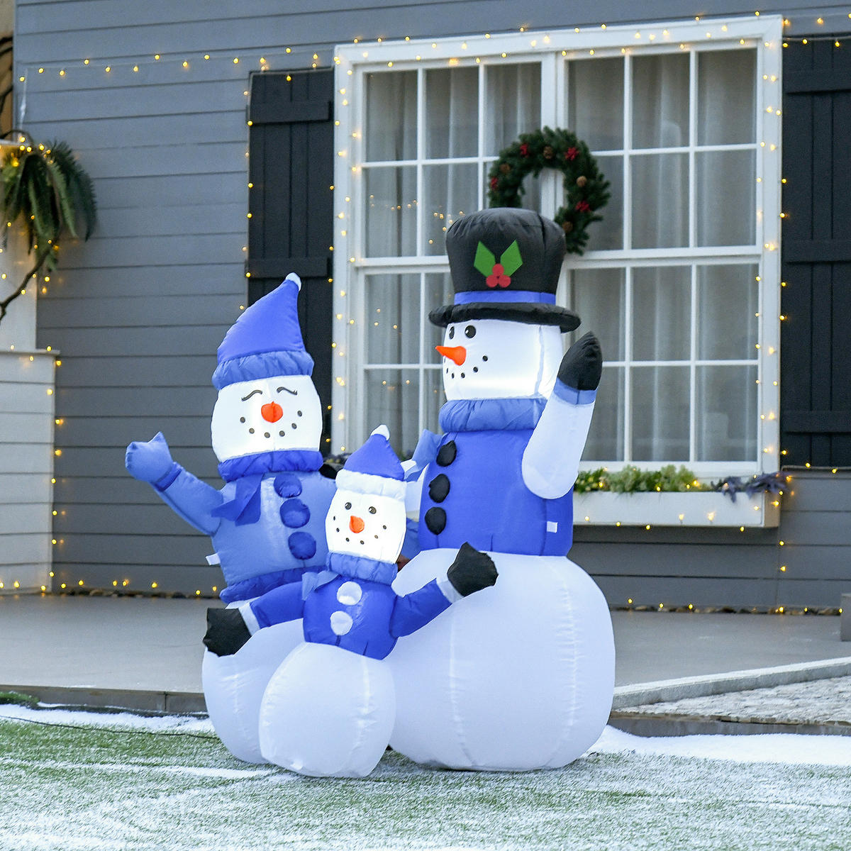 SCHNEEMANN Familie Selbstaufblasbare Dekoration LED mit Gebläse Blau - Multicolor, Kunststoff (55/120/100cm) - HOMCOM