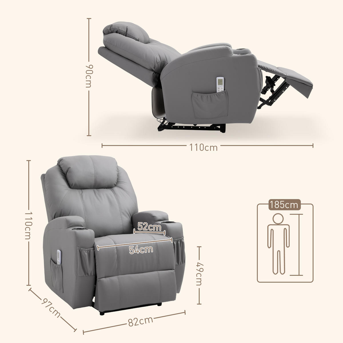 MASSAGESESSEL DE-15343 elektrisch verstellbar mit 8 Vibrationspunkten Grau - Hellgrau, Leder (97/110/82cm) - ComfortXL