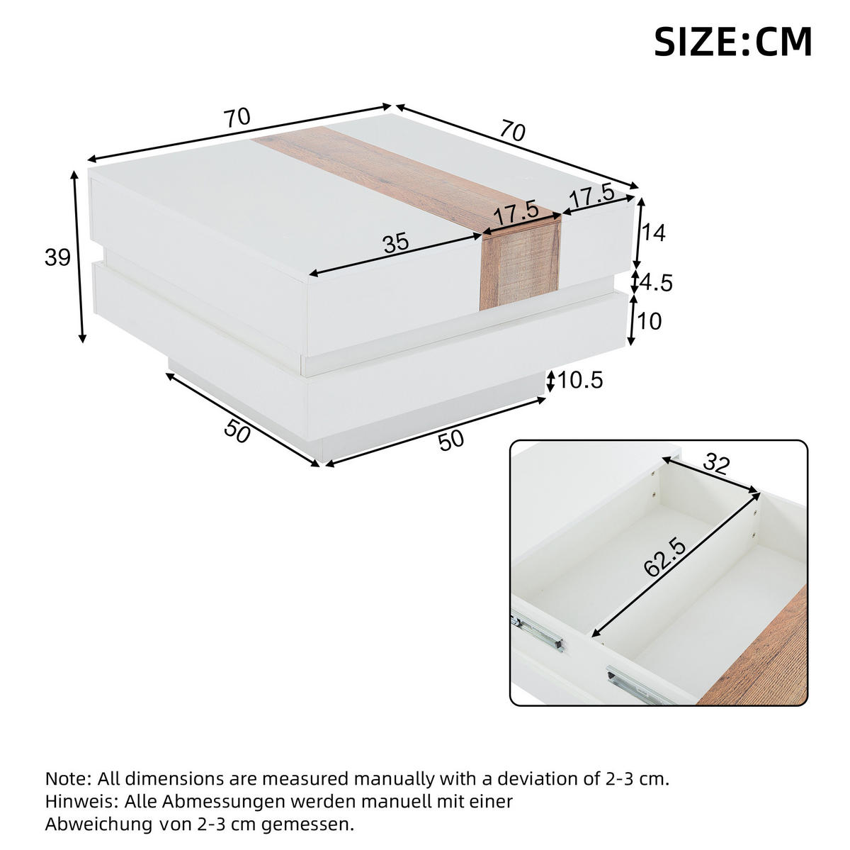 COUCHTISCH 70/70/39 cm Weiß aus Spanplatte mit ausziehbarer Tischplatte und Stauraum - Weiß, Holzwerkstoff (70/70/39cm) - OKMYHOME