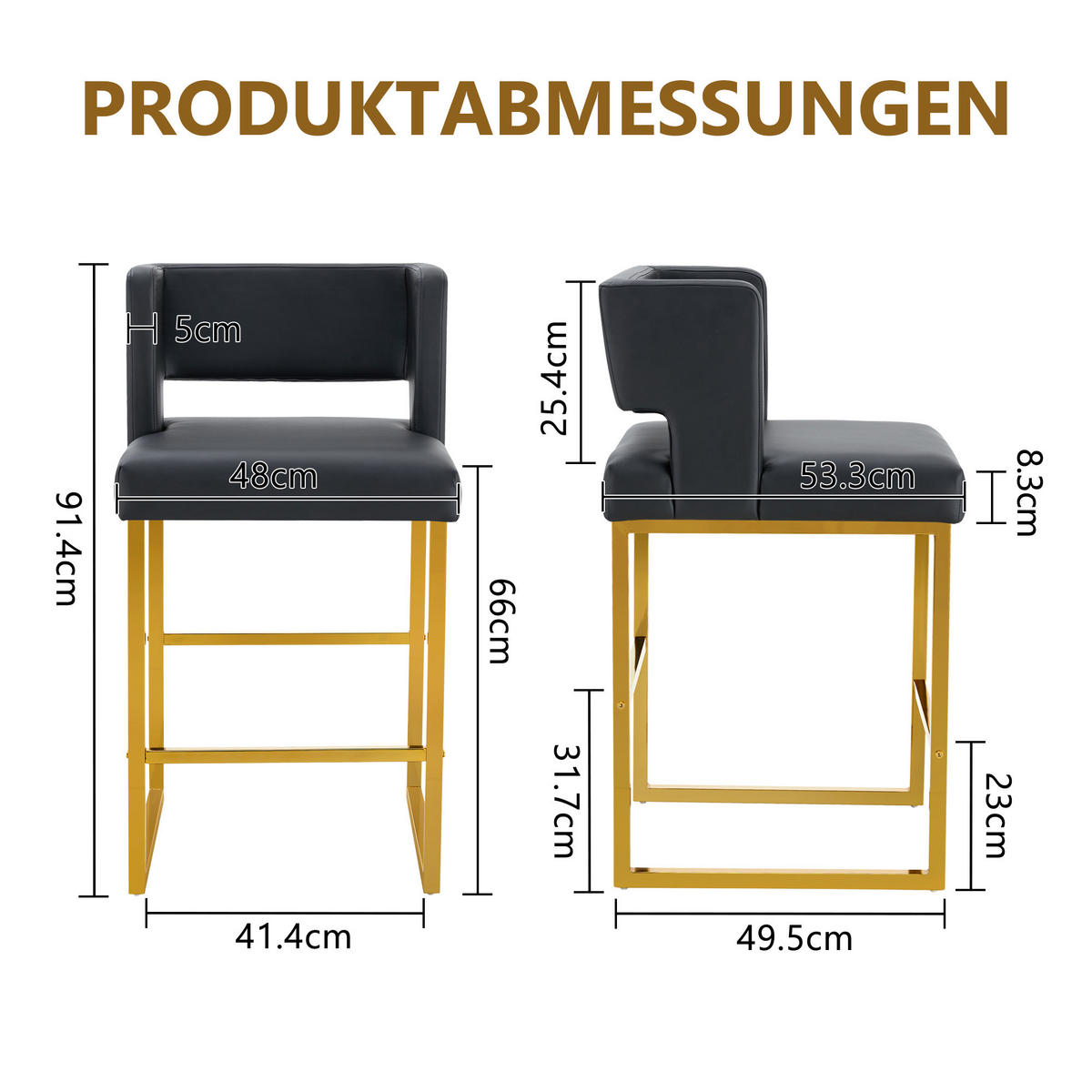 BARHOCKER 2er-Set Schwarz mit PU-Leder und goldenen Metallbeinen - Schwarz, Metall (48/91.4/53.3cm) - PANGIVO