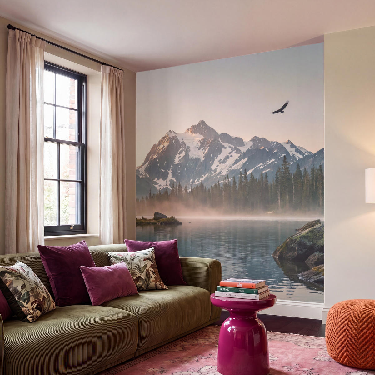 TAPETE - Berge - Wasser - Bäume - 200x220 cm - Multicolor, Papier (200/220cm) - OnlyWow
