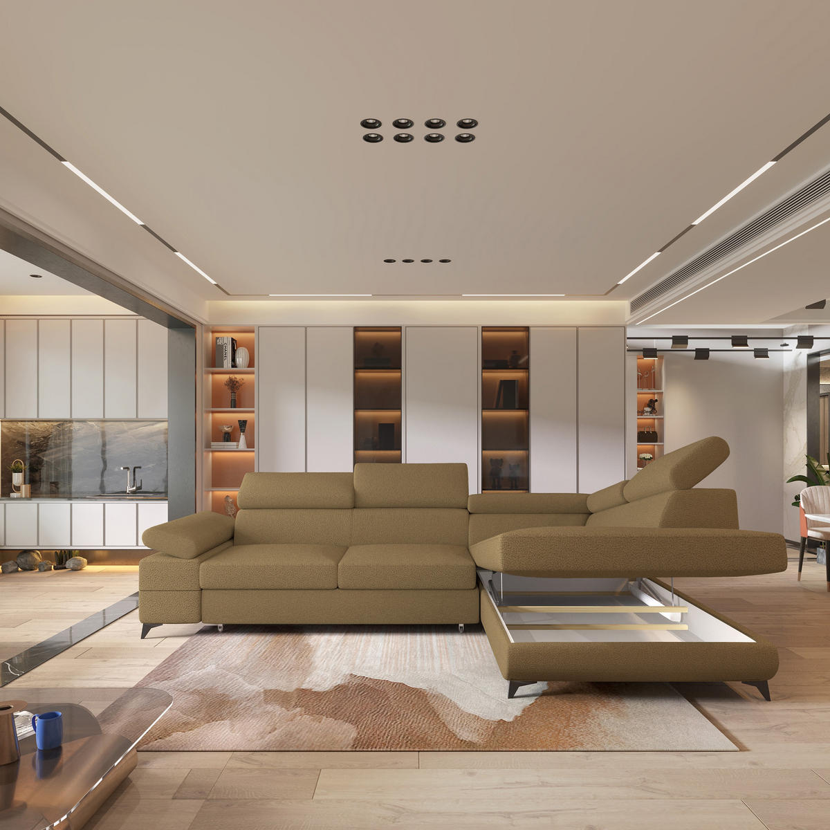 ECKSOFA FAVIEN R-S Orange Boucle-Stoff mit Schlaffunktion - Orange, Holz (257/190cm) - MASSENO