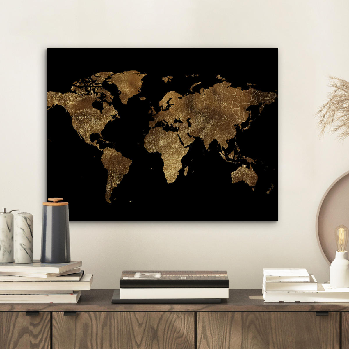 KOVOVÝ OBRAZ Mapa sveta - Zlato - Luxus - Zem - Čierna 40x30 cm - zlatá, kov (40/30cm) - MuchoWow