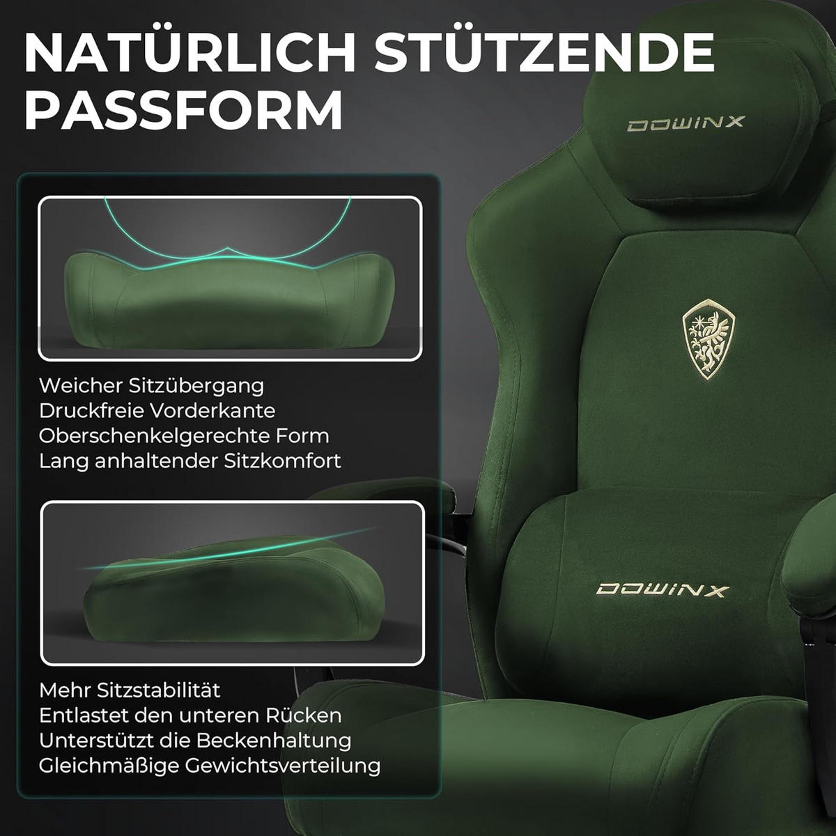 GAMING-STUHL Mikrofaser-Velours & Lendenkissen, Fußstütze 160° Neigbar - Grün, Leder (70/132/70cm)