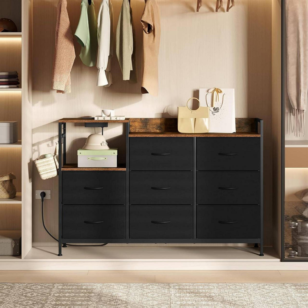 KOMMODE mit 8 Schubladen, 2 Steckdosen, Schwarz - Schwarz, Holzwerkstoff/Textil (132/88/30cm) - Woltu