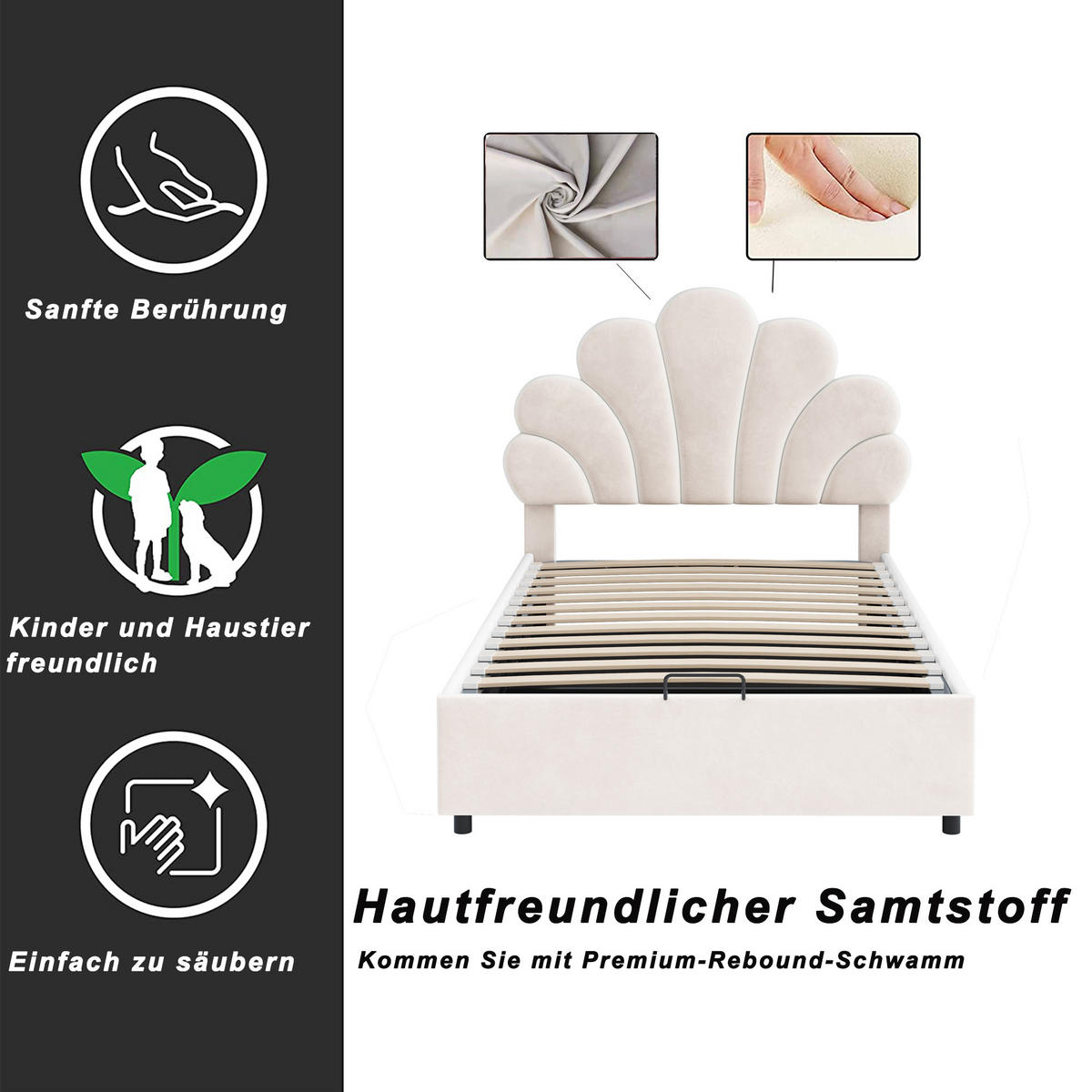 KINDERBETT 90/200 cm Beige mit Samtbezug höhenverstellbarem Kopfteil und hydraulischem Stauraum - Beige, Textil (90/200cm) - OKWISH