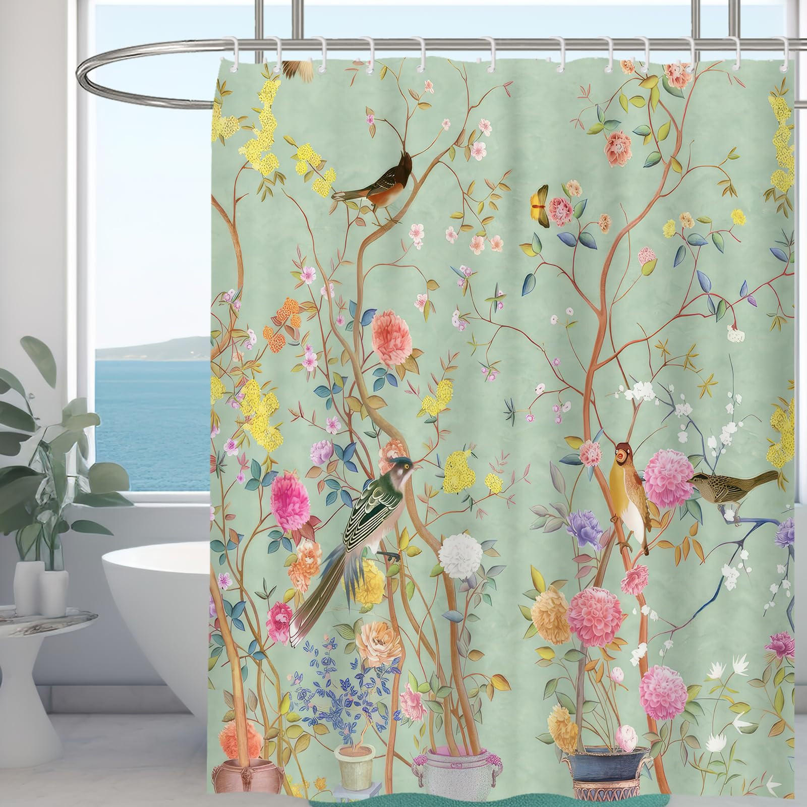 DUSCHVORHANG schimmelresistent 100% Polyester Badezimmer wasserdicht floral Landschaft mit Haken 180 x 180 cm - Grün, Textil (180/180cm) - MCBOSON