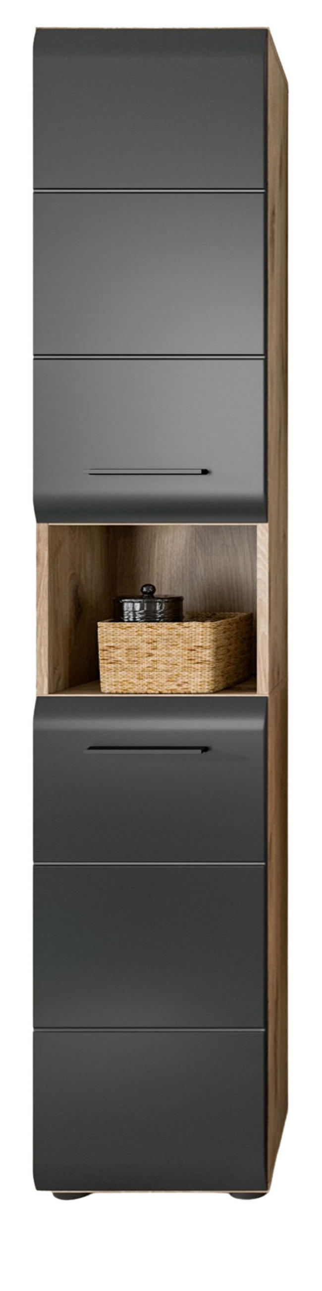 HOCHSCHRANK schwarz matt, Eiche Nox, Badschrank 2-türig 30 cm, 7 Fächer - Eichefarben/Schwarz, Holzwerkstoff/Kunststoff (30/185/30cm) - Inn.Furn