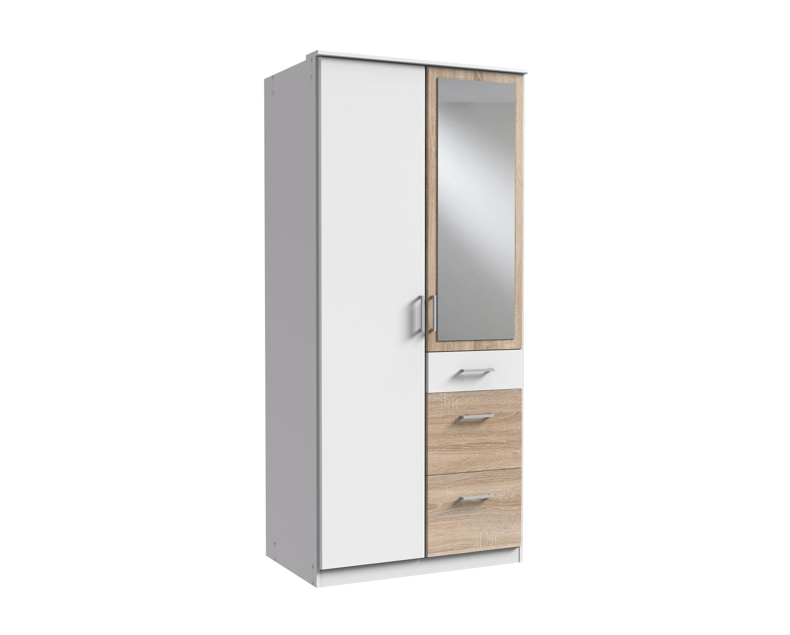 KLEIDERSCHRANK Click in Weiß mit Eiche Sägerau - Drehtürenschrank 91 cm Breite mit Spiegel - Weiß, Holzwerkstoff (91/199/58cm)