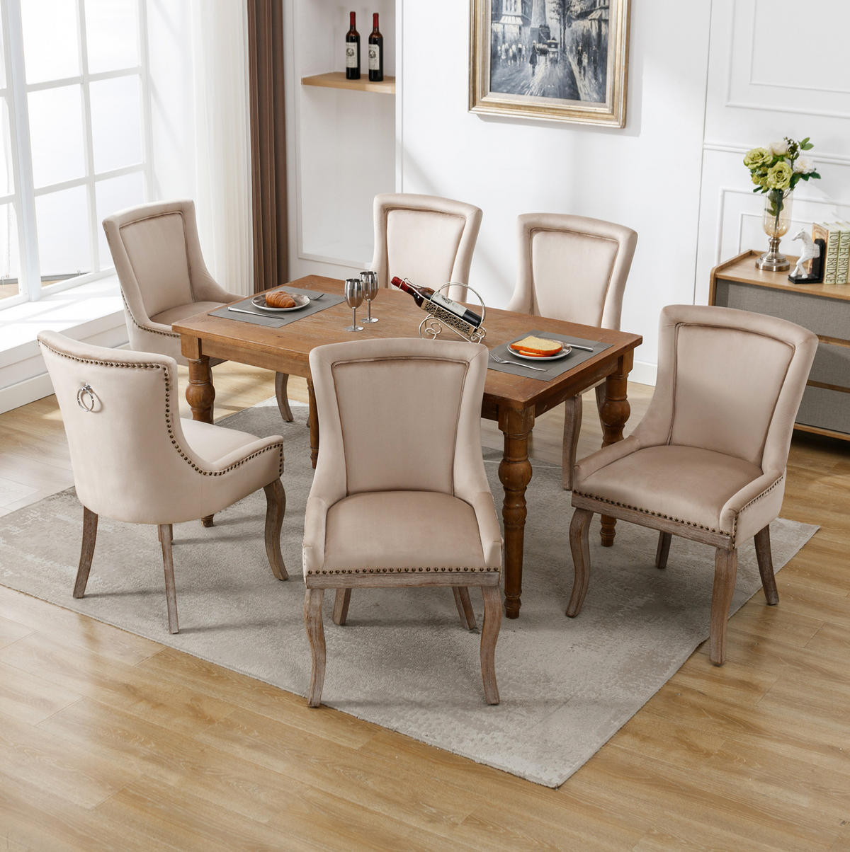 ESSZIMMERSTUHL gepolstert Samt Beige Massivholzrahmen 6er-Set - Beige, Holz (61/91/55.2cm) - Meubliv