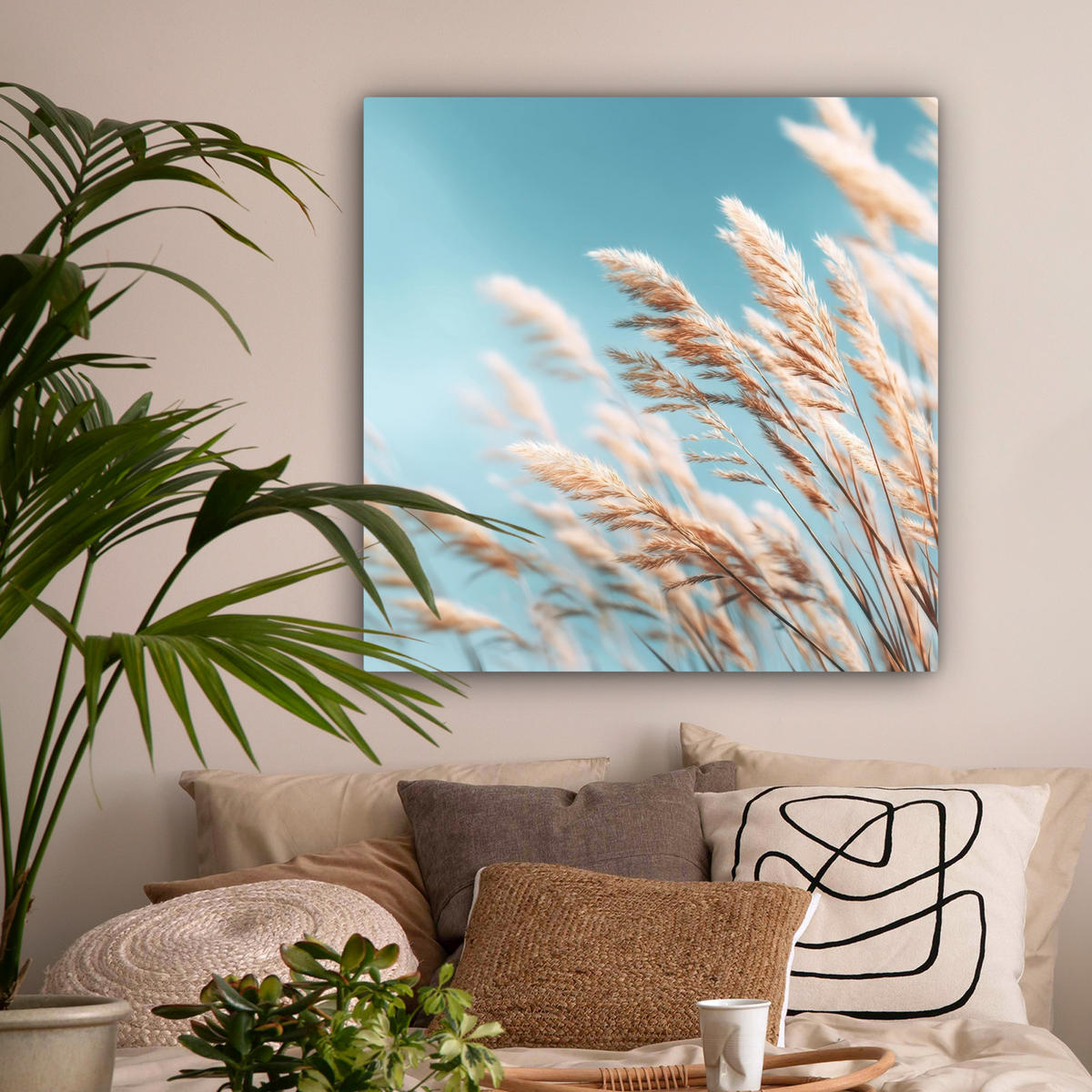 LEINWANDBILD Ziergras - Wind - Hellbraun Deko Groß 90x90 cm - Hellblau, Textil (90/90cm) - MuchoWow