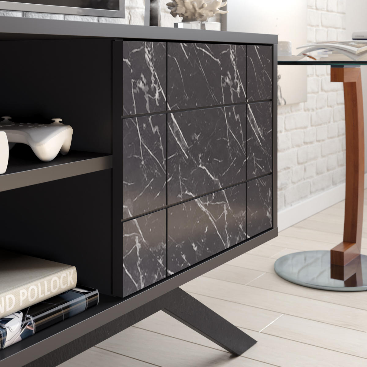 TV-ELEMENT North Schwarz Marmor Decor - Creme/Schwarz, Holzwerkstoff (130/58.6/38.6cm) - Decorotika