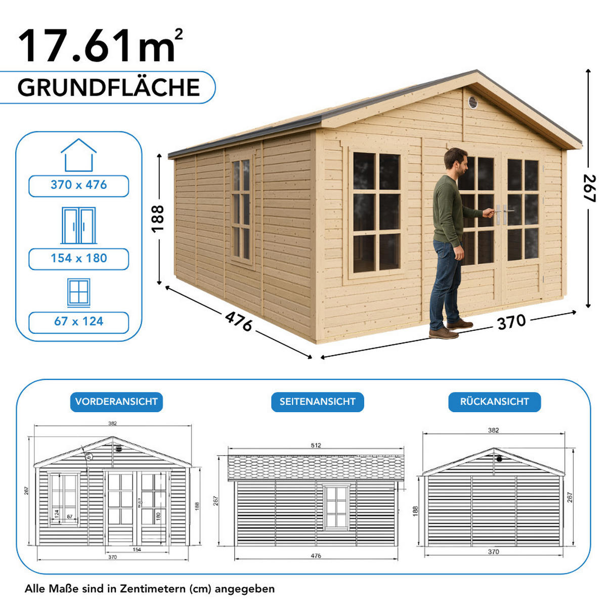 GARTENHAUS HOLZ M736A 370 x 480 cm - Naturfarben, Holz (382/267/512cm) - Timbela