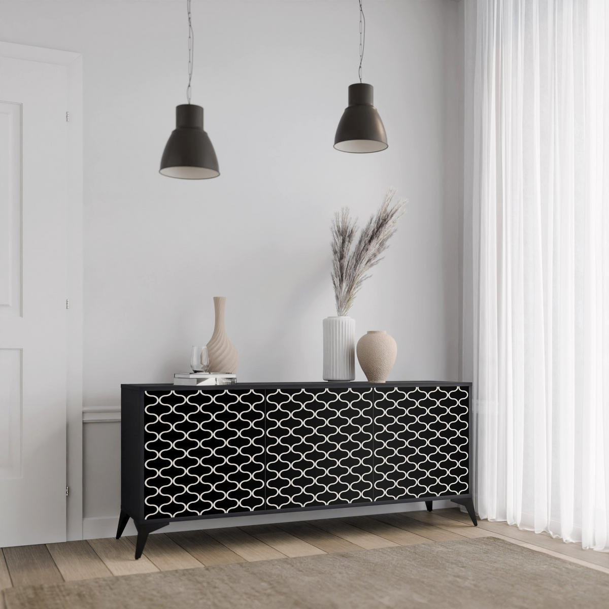 SIDEBOARD TESSELATED BLACKNESS, Eicheneffekt, 164,5x42x77,5 cm, 3 Türen - Eichefarben/Buchefarben, Holzwerkstoff/Buchenholz (164.5/77.5/42cm) - SpaceRebels