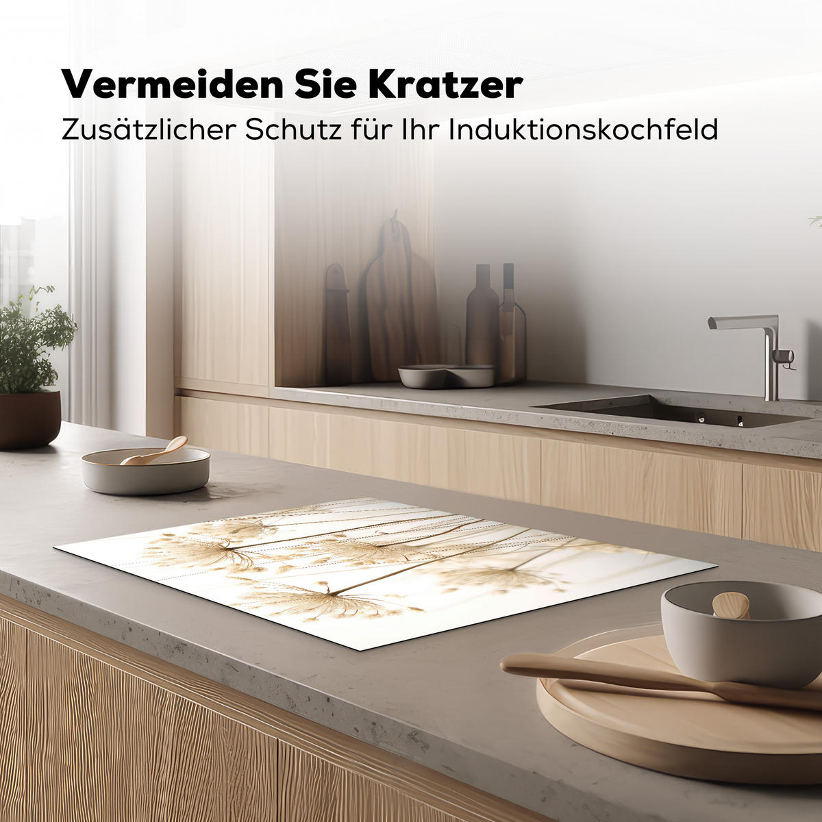 HERDABDECKPLATTE Blumen - Weiß - Sonnenlicht Induktionsmatte 71x52 cm - Ecru, Kunststoff (71/52/0.2cm) - MuchoWow