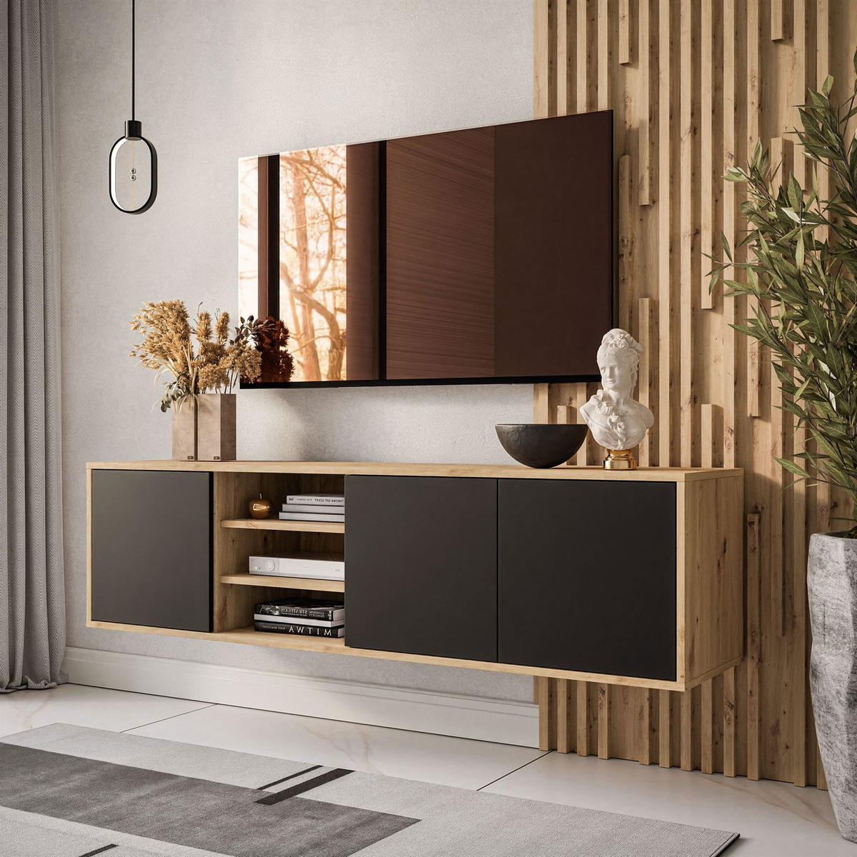 TV-ELEMENT SANAYI Hängend mit Regalen Eiche Artisan/Schwarz - Schwarz, Holzwerkstoff (156/41/38cm) - Lookway