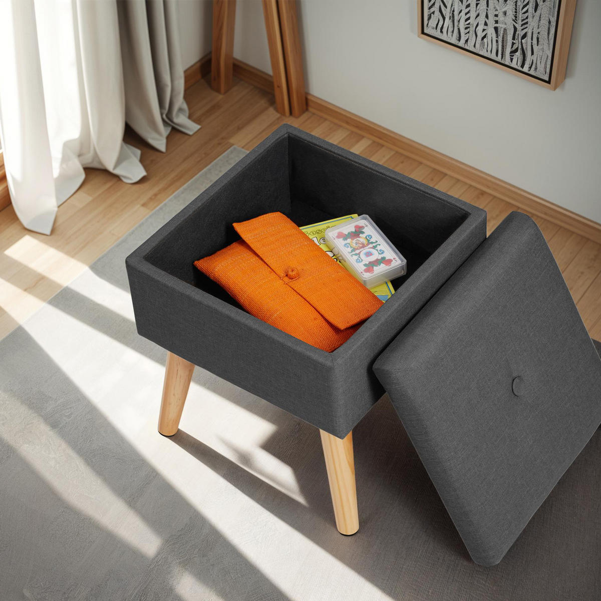 SITZHOCKER mit Stauraum Elva,32,5 x 32,5 x 36,5 cm,dunkelgrau - Dunkelgrau, Holz (32.5/36.5/32.5cm) - tectake