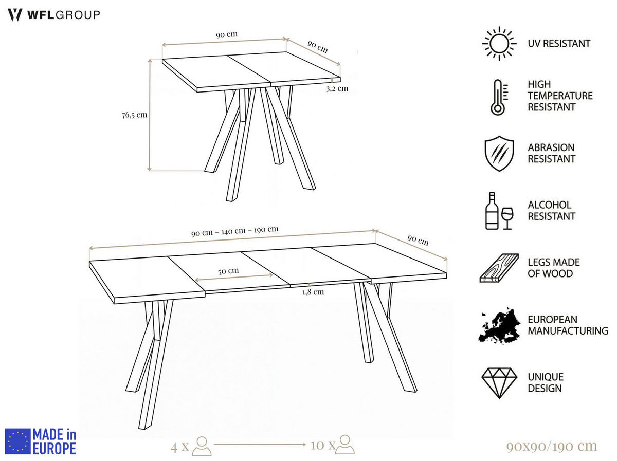 STÔL Clover Štvorcový Rozkladací s Čiernymi Bukovými Nohami – Dub Lefkas – 90 x 90 / 190 cm - hnedá/čierna, drevo/kompozitné drevo (90/190/76.5cm) - WFL GROUP