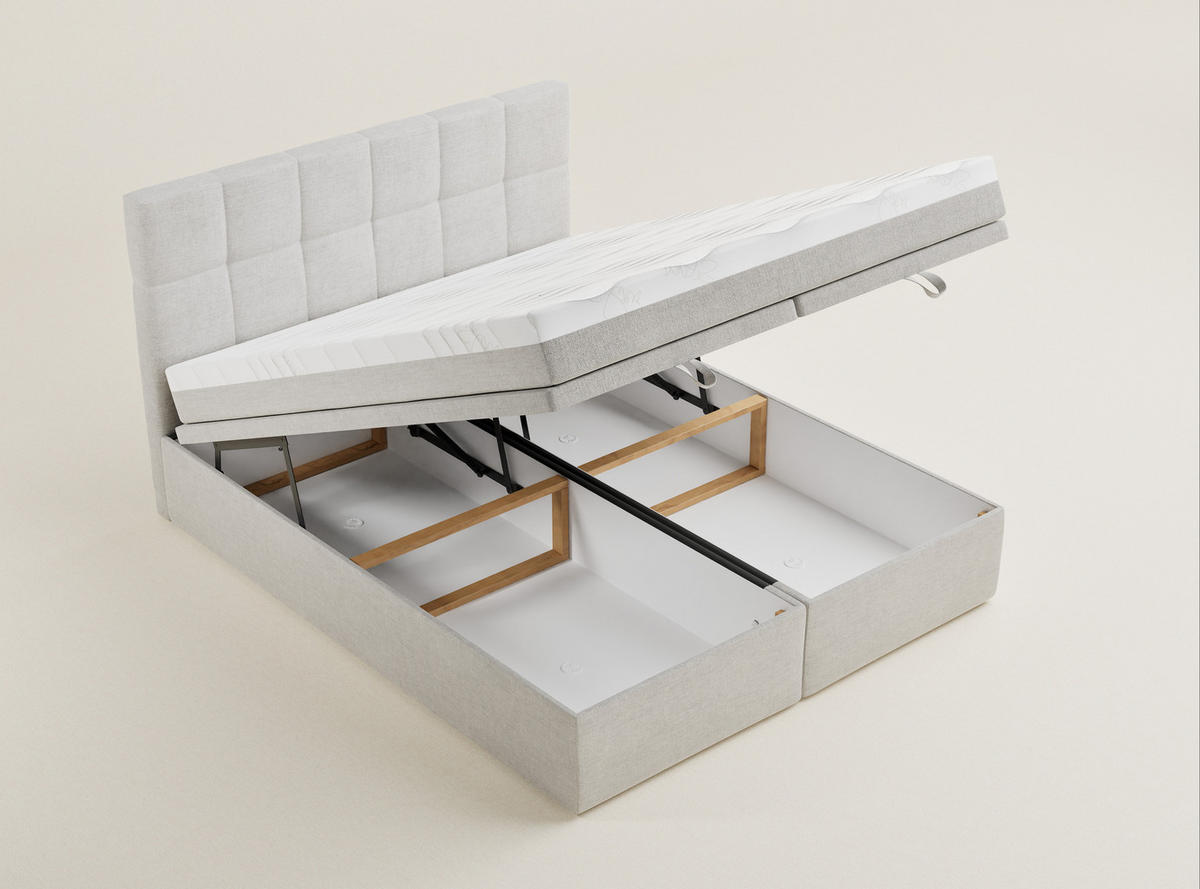 BOXBETT 180/200 cm Gotu M, in Hellbeige, Matratze, gepolstertes Kopfteil, Bettkasten, H3 = fest - Beige/Schwarz, Holz/Holzwerkstoff (180/200cm) - Maison de Reve