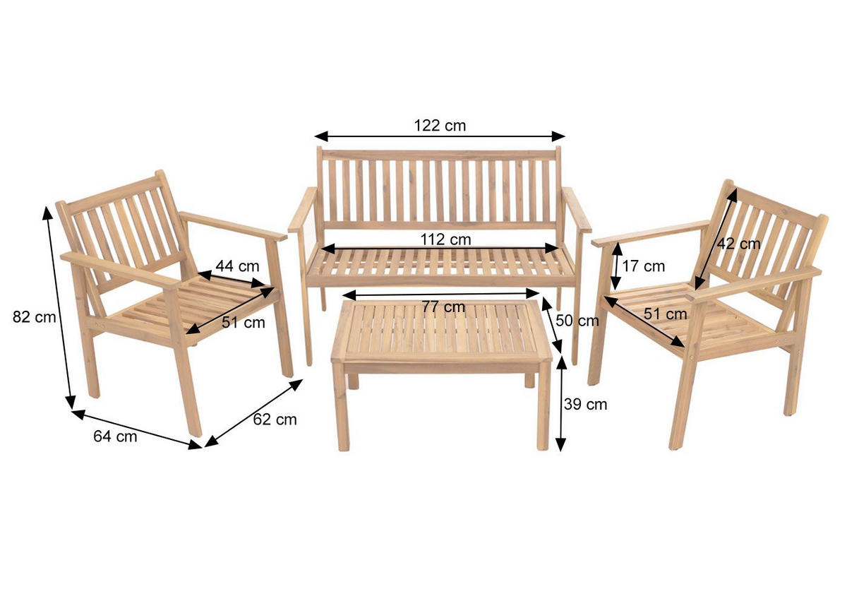 GARTEN-GARNITUR Beige 1x Bank, 2x Sessel, 1x Tisch-Set - Beige, Holz - MCW
