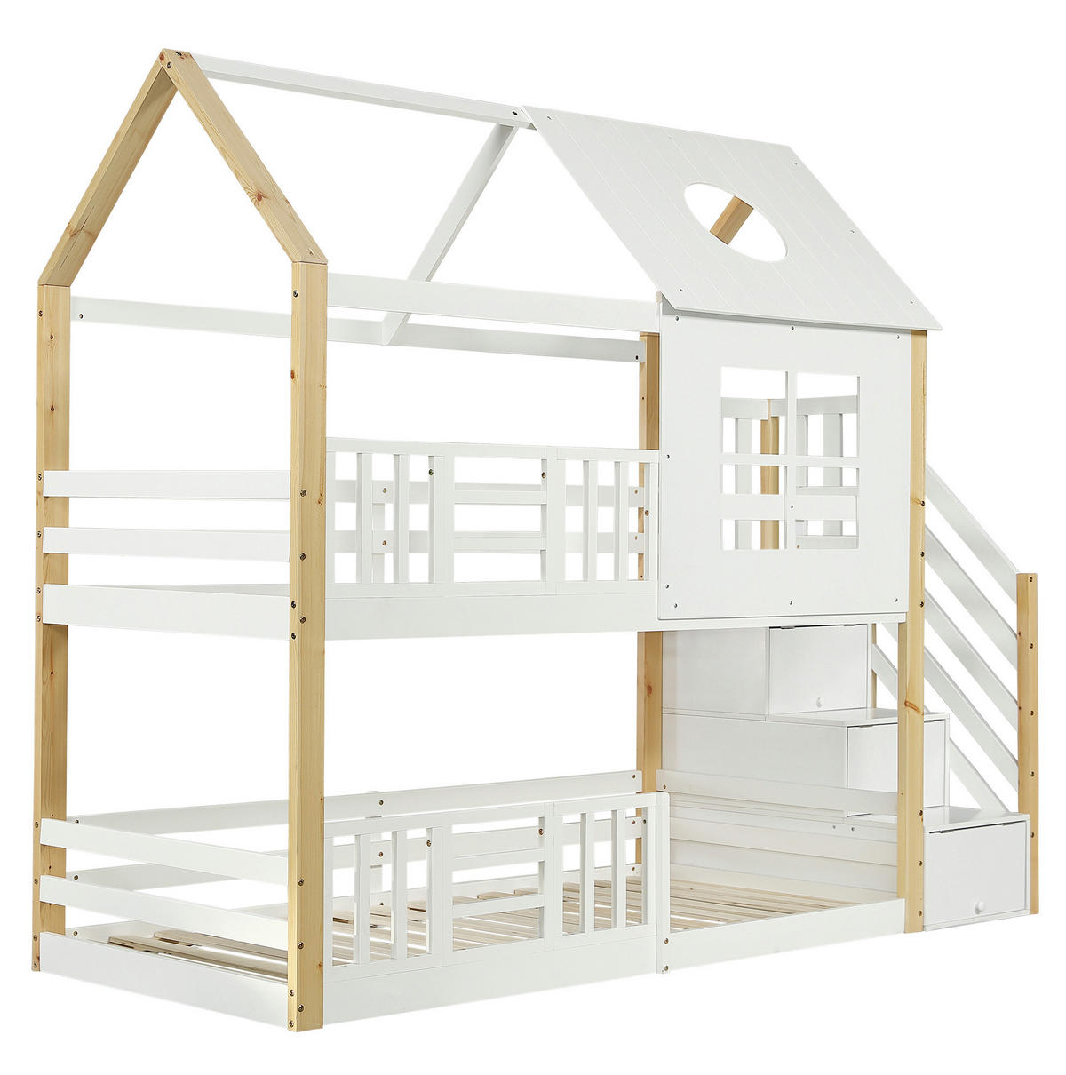 ETAGENBETT aus Kiefer und MDF 90x200 cm Weiß/Natur mit Aufbewahrungstreppe, Fallschutzgitter, Dach und Fenstern - Weiß, Holzwerkstoff (90/200cm) - Modfu