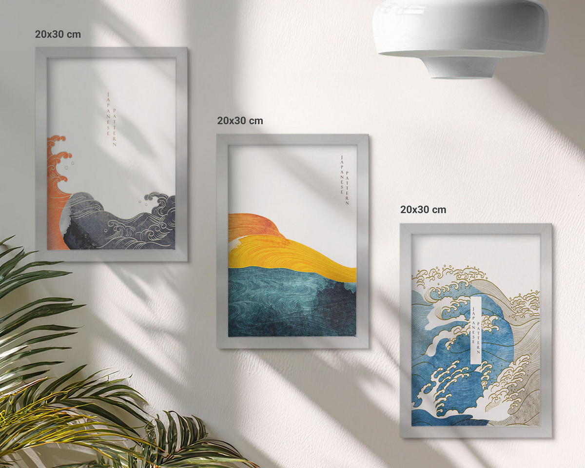 BILDER SET 3er Set - 20x30 cm Silberner Rahmen - Wellen des japanischen Grafikstils - Silberfarben, Kunststoff (20/30cm) - TULUP