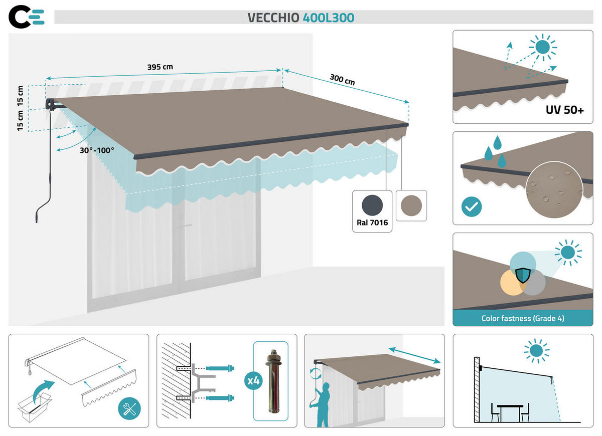 EINTEILIGE MARKISE Vecchio Taupe 4m x 3m - Premium-Leinwand 320g/m² - Taupe, Metall (395/270/300cm) - Cazeboo