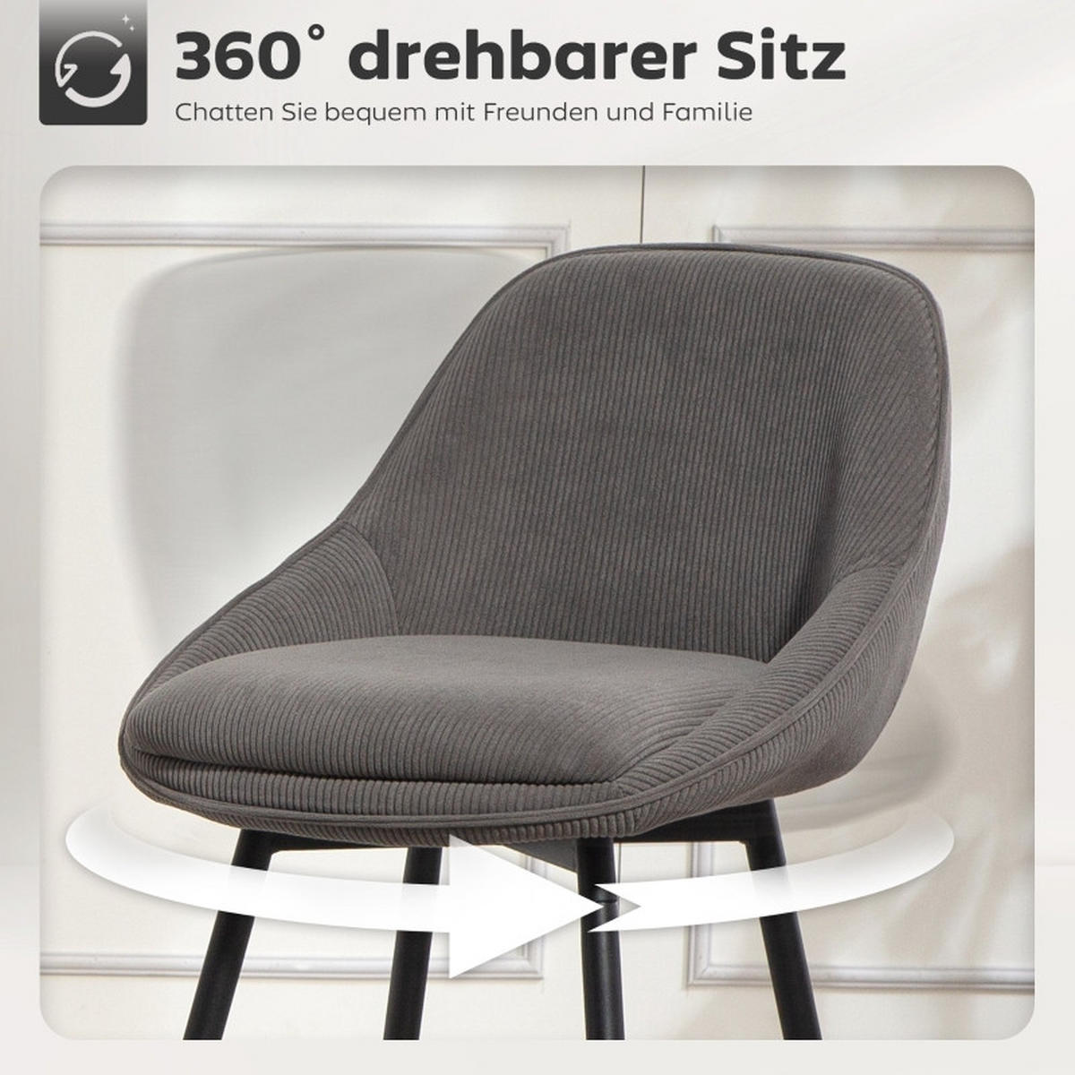 BARHOCKER DE-36052 2er Set mit Cordbezug und Stahlbeinen Grau - Grau, Metall (49/88/52cm) - ComfortXL