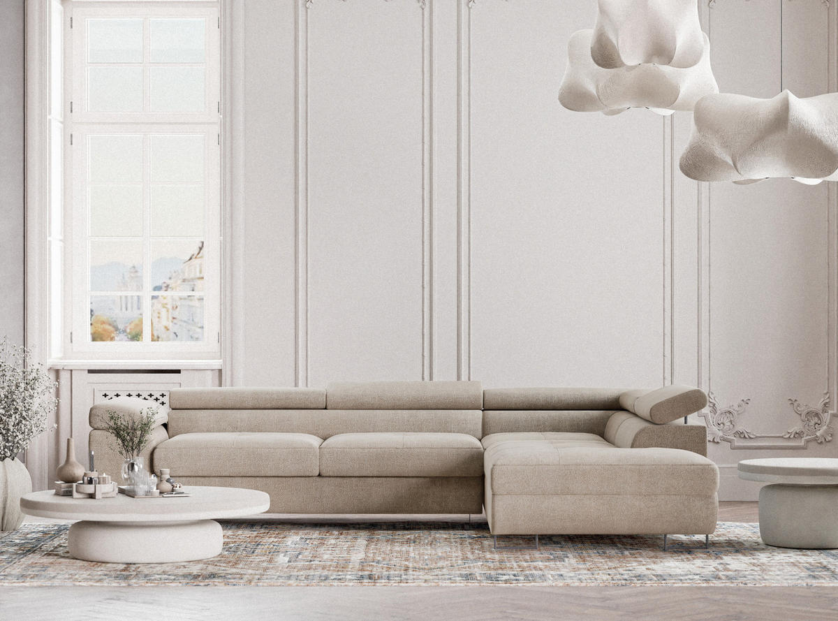 ECKSOFA Concord Beige Chenille-Stoff - Rechts Seite - Beige/Schwarz, Holz/Holzwerkstoff (277/203cm) - Maison de Reve