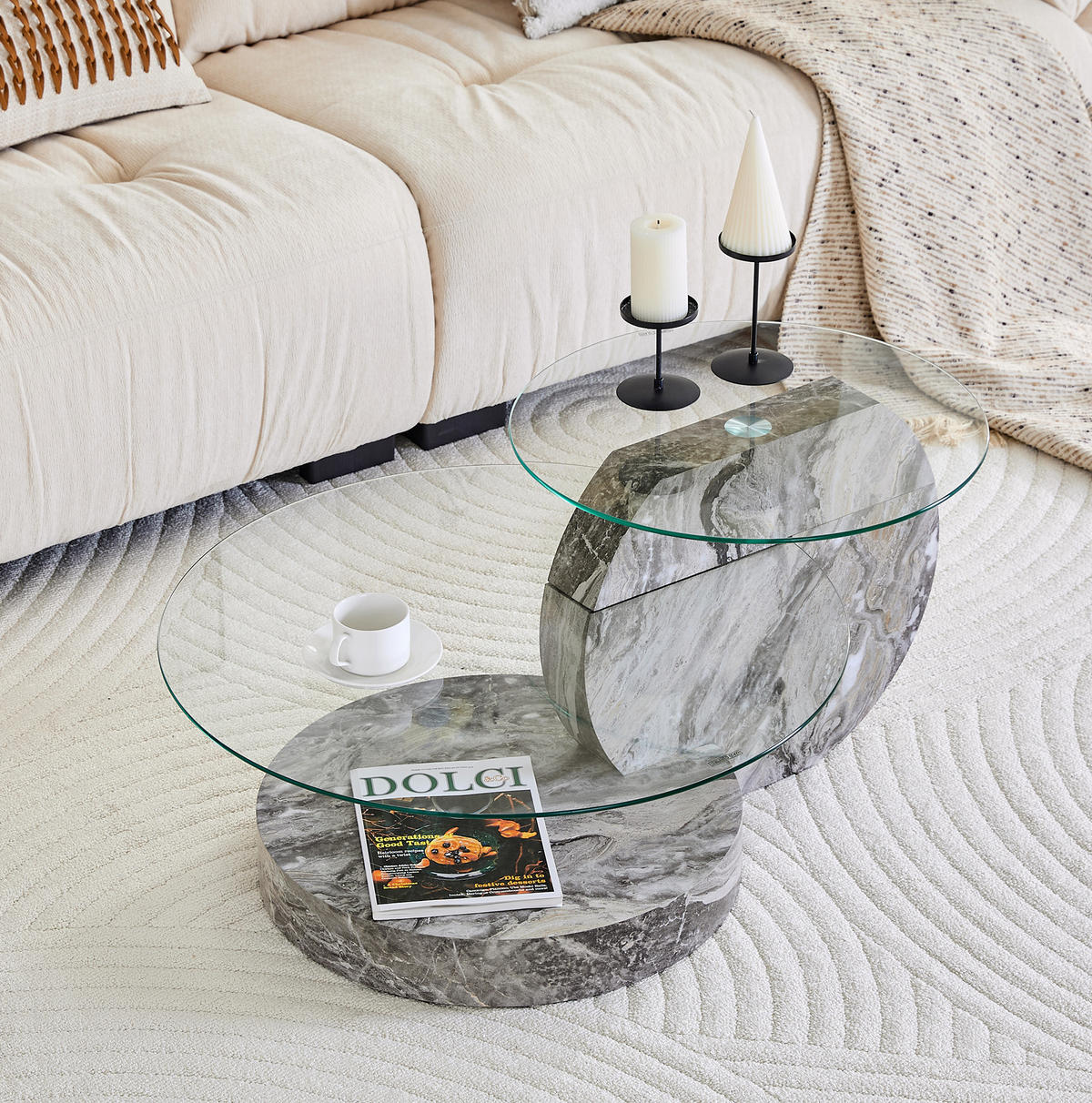 COUCHTISCH aus Sicherheitsglas und MDF 70x70x44 in Grau/Transparent mit 2 Ebenen in Marmoroptik - Grau, Glas (70/70/44cm) - IVMEU