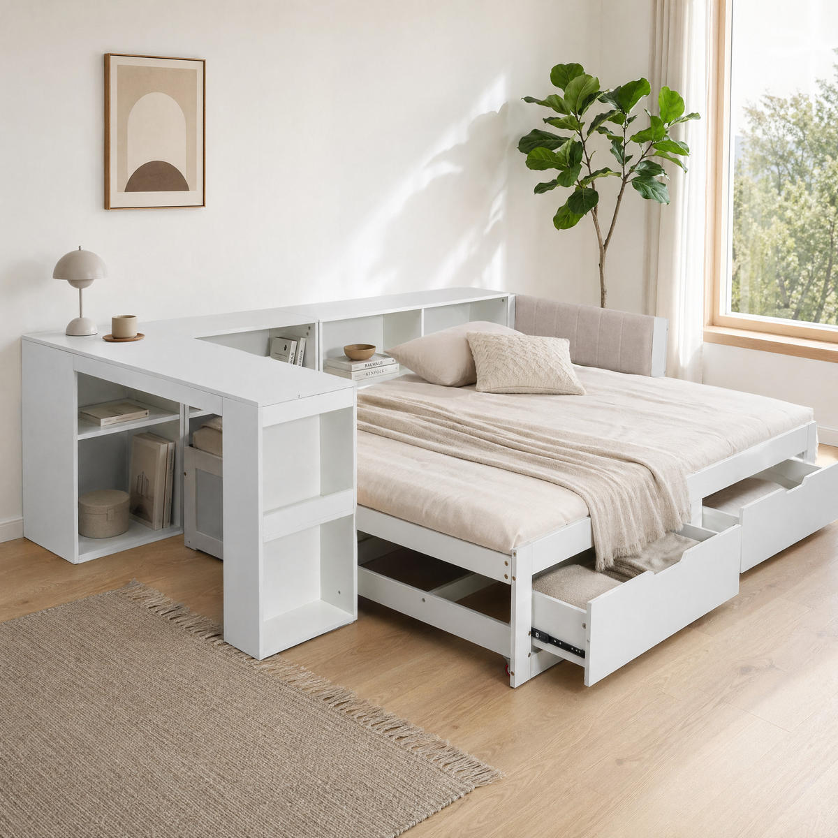 BETTANLAGE 90/200 cm in Mattweiß mit Schreibtisch, Schubladen und Steckdose - Weiß, Holzwerkstoff/Metall (90/200cm) - WISHDOR