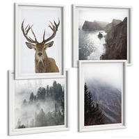 BILDER SET 4er Set - 50x50 cm & 40x60 cm Weißer Rahmen - Berglandschaft Nebel Hirsch - Weiß, Kunststoff (50/50cm) - TULUP