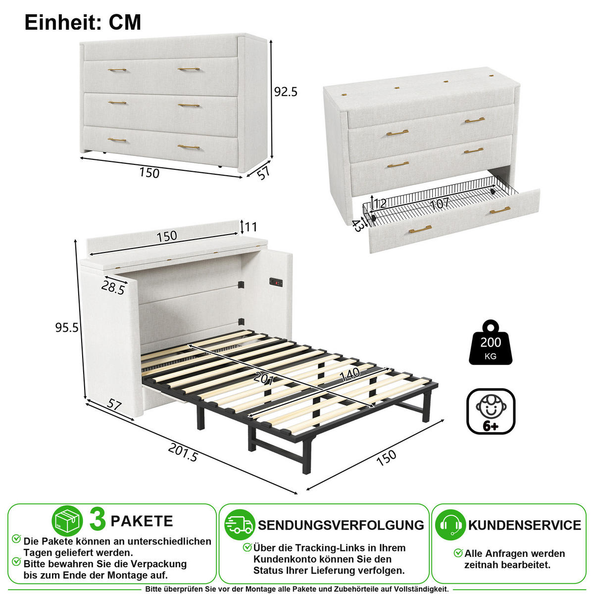 SCHRANKBETT 140/200 cm in Beige Leinen mit Schublade, USB und Type-C - Beige, Holzwerkstoff/Textil (140/200cm) - CHICFURN