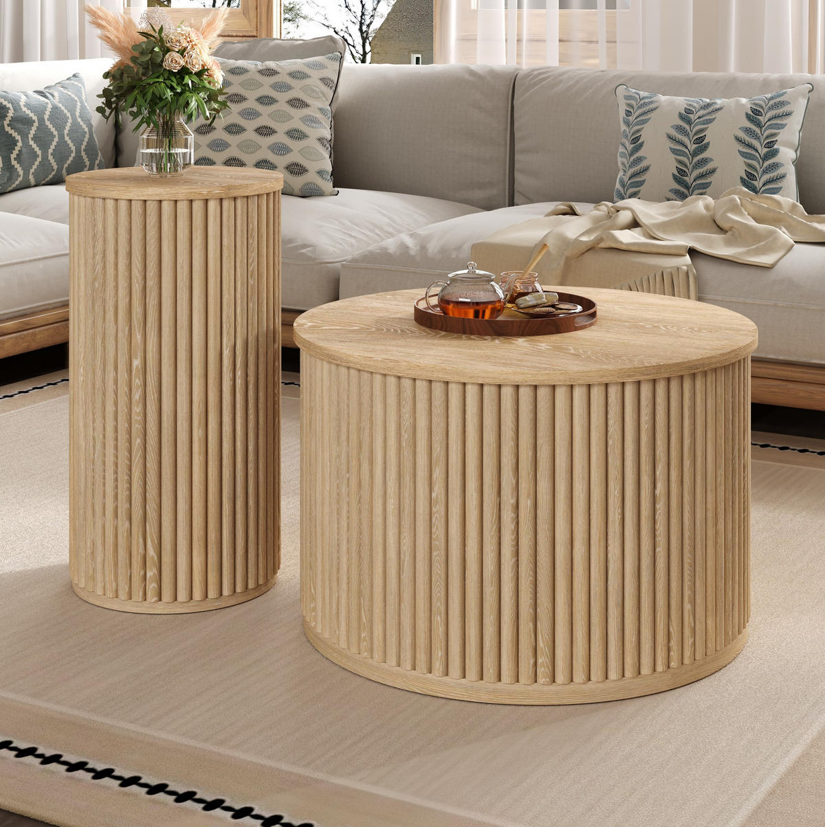 COUCHTISCH 60/60/38.5 + 30/30/56 cm aus MDF in Natur mit Streifenmuster - Naturfarben, Holzwerkstoff (60/60/38.5cm) - OKMYHOME