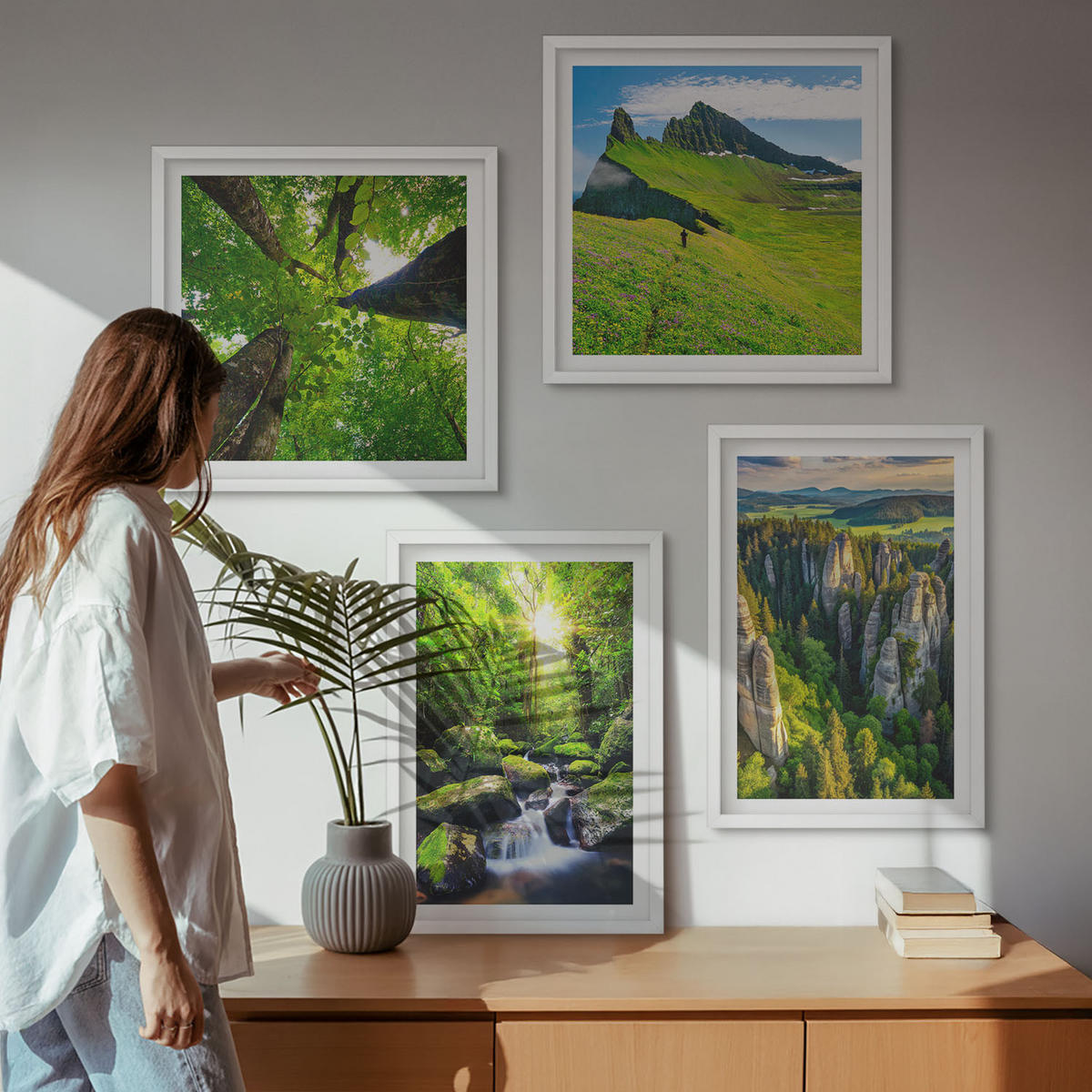 BILDER SET 4er Set - 50x50 cm & 40x60 cm Weißer Rahmen - Grüne Berge Wasserfallwald - Weiß, Kunststoff (50/50cm) - TULUP