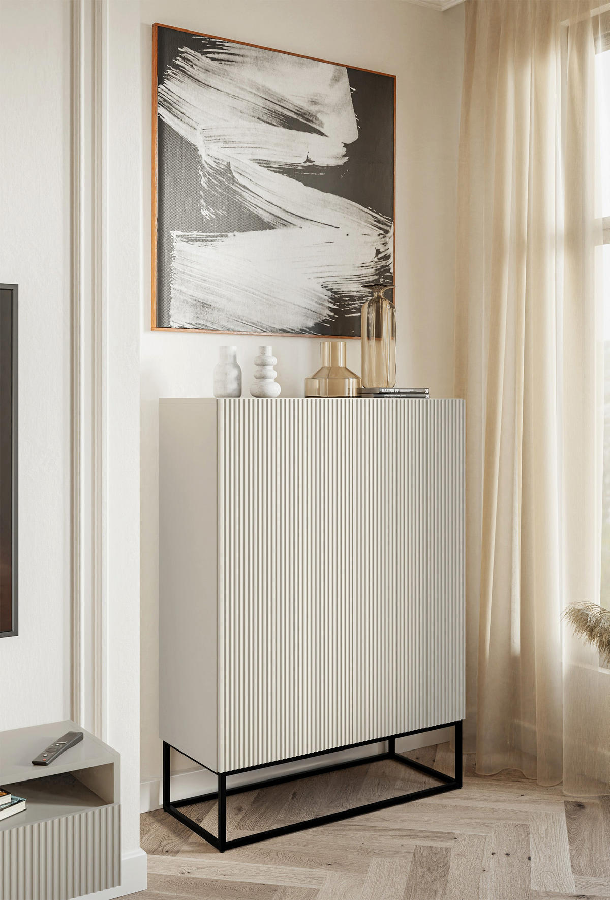 HIGHBOARD 2dverová Veldio sivobéžová s čiernym kovovým rámom 90 cm - čierna/sivobéžová, kov/kompozitné drevo (125/90/38cm) - Selsey