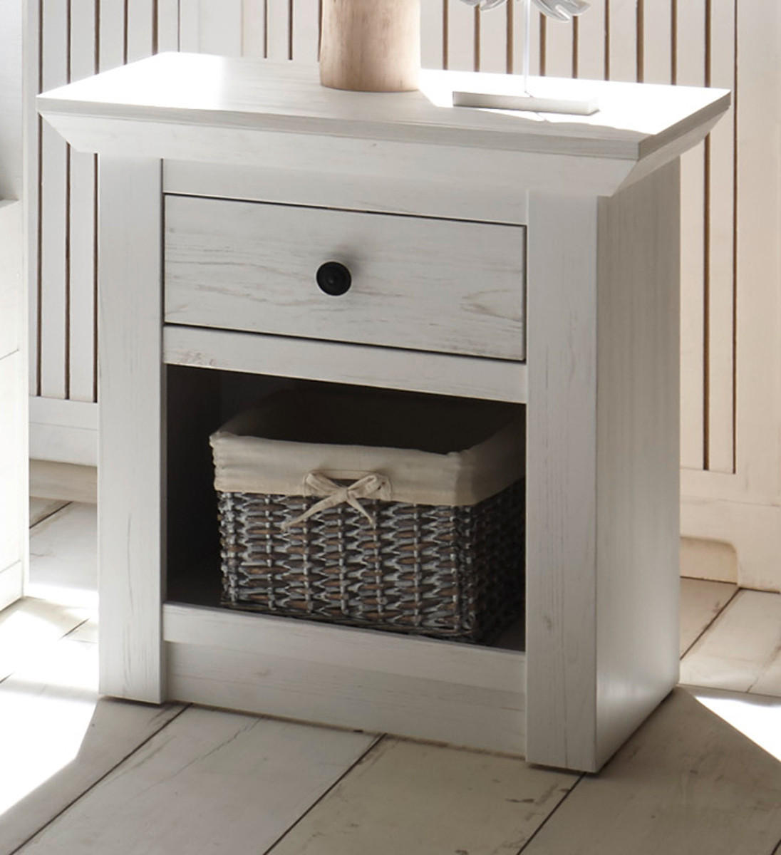 NACHTTISCH Pinie weiß Landhaus, Nachtkommode mit Schublade - Schwarz/Weiß, Holz/Holzwerkstoff (59/62/45cm) - Furn.Design