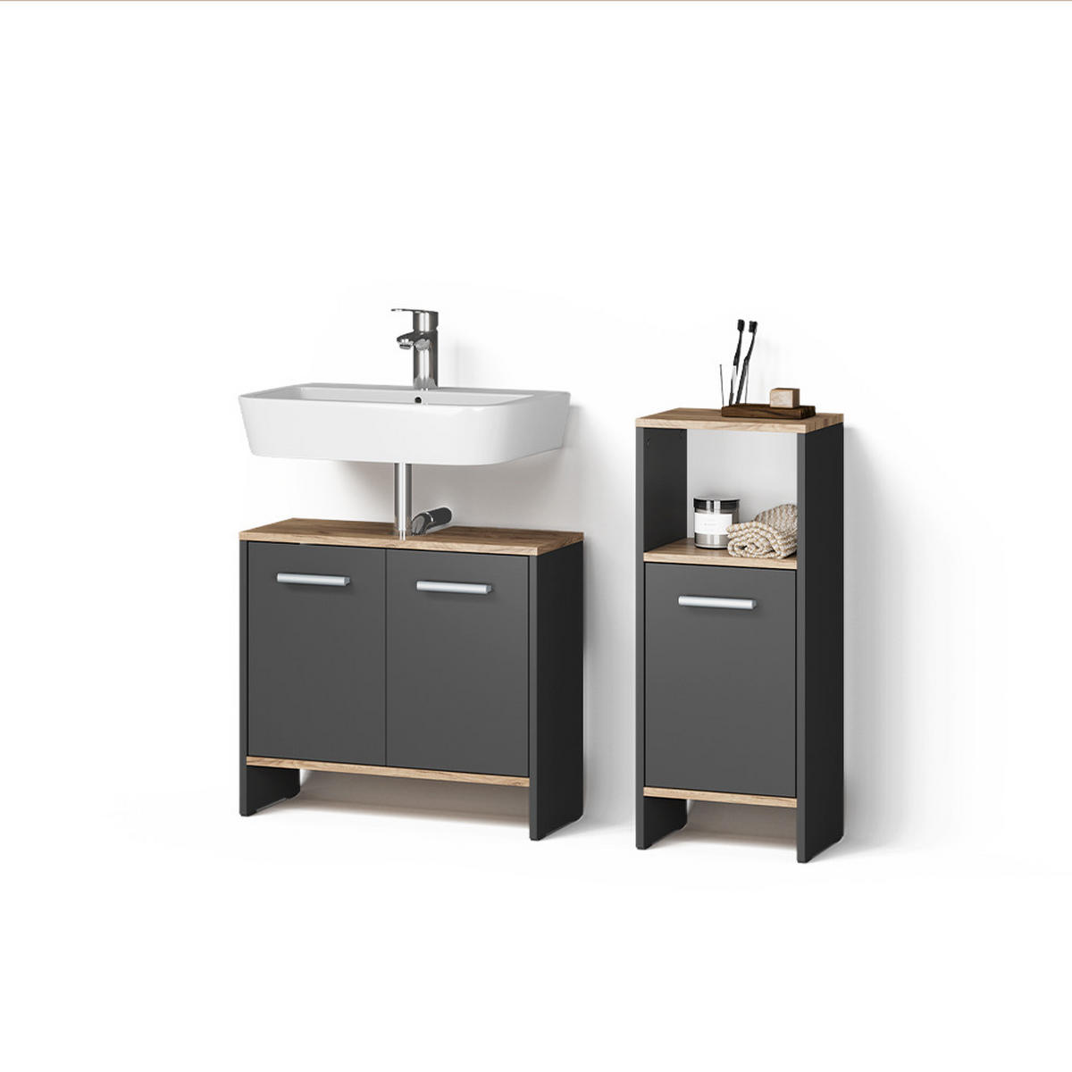 BADEZIMMERMÖBEL-SET Amalfi Anthrazit/Goldkraft Eiche 2 Teile - Honigeiche/Anthrazit, Holzwerkstoff (63.8/57/26.3cm) - Livinity®