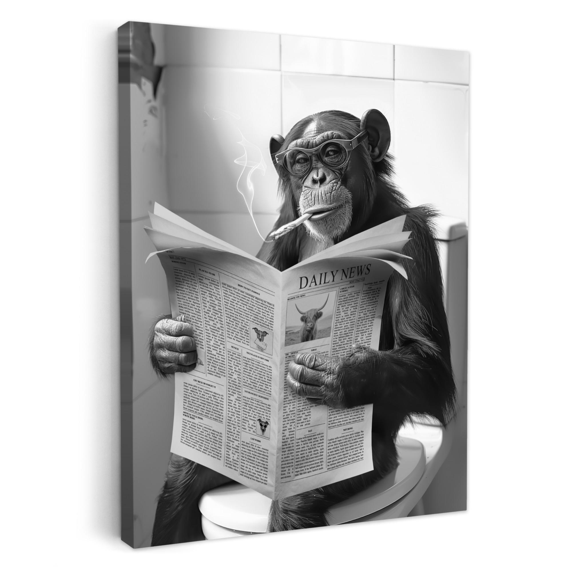 LEINWANDBILD Affe - WC - Zeitung - Schwarz-Weiß - Humor 30x40 cm - Hellgrau, Textil (30/40cm) - MuchoWow