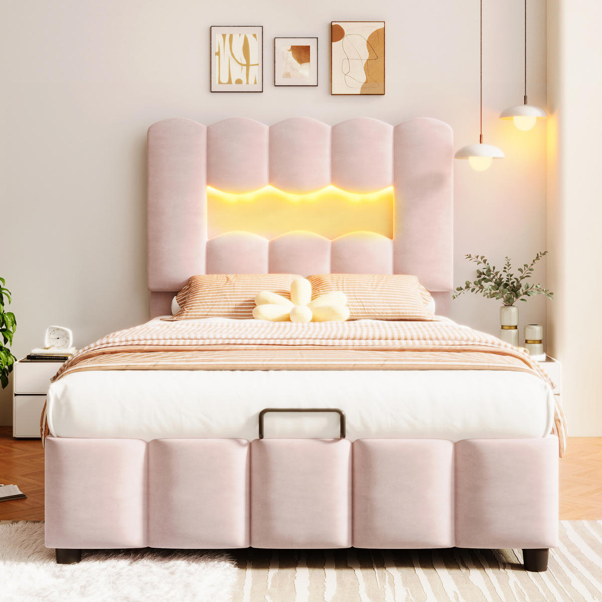 POLSTERBETT 90/200 cm mit LED-Beleuchtung, hydraulischem Bettkasten und verstellbarem Kopfteil aus Samt, Rosa - Rosa, Textil (90/200cm) - Redom
