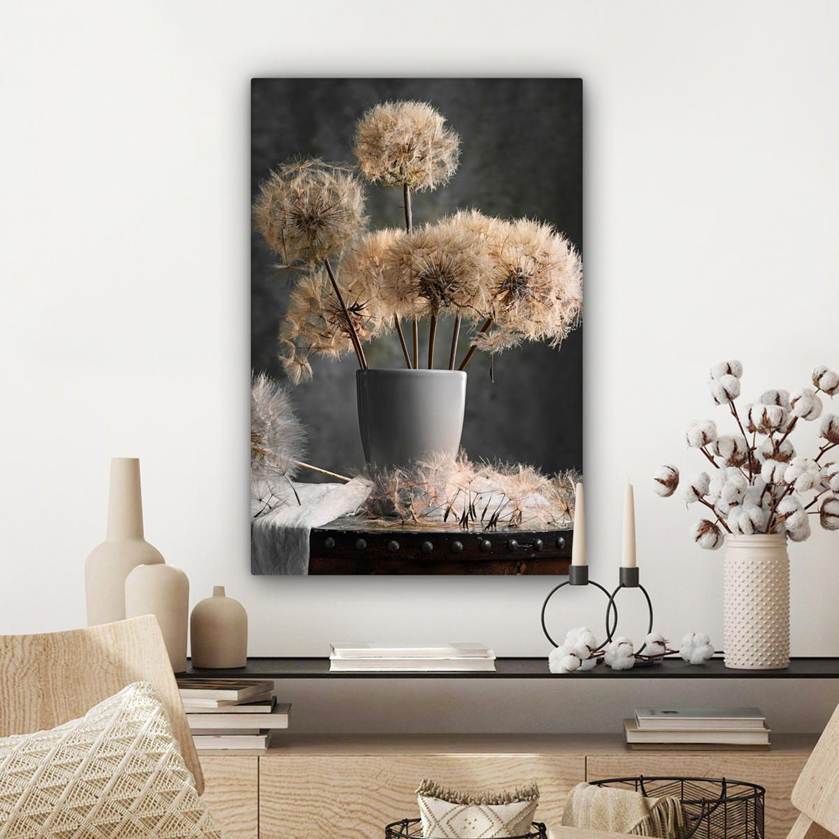 LEINWANDBILD Blumensamen - Löwenzahn - Vase - Stilleben - Blumenstrauß Wanddeko 40x60 cm - Dunkelgrau, Textil (40/60cm) - MuchoWow
