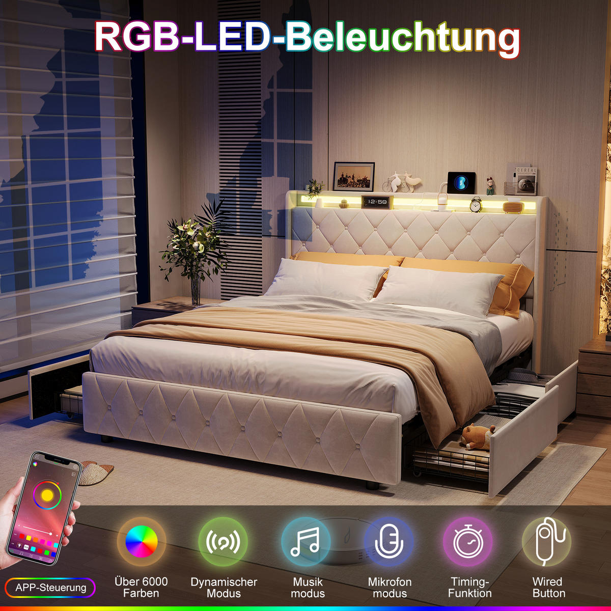 POLSTERBETT 140x200 cm, 4 Schubladen mit Rollen, RGB LED, USB-/Typ-C-Anschlüsse, Samtstoff, Beige - Beige, Holz (140/200cm) - BRILVERDE