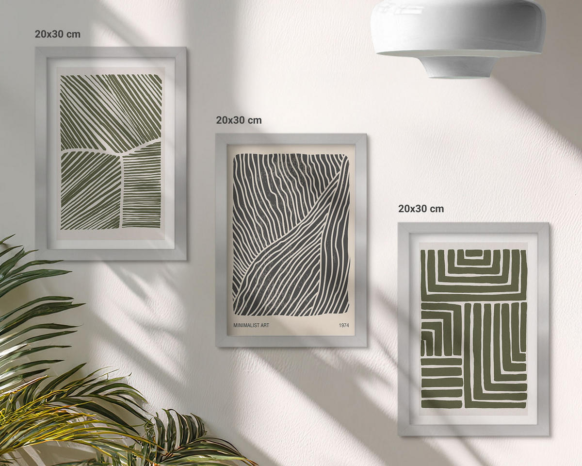 WANDBILDER 3er Set - 20x30 cm Silberner Rahmen - Muster Linien Formen grün - Silberfarben, Kunststoff (20/30cm) - ArtPrintCave
