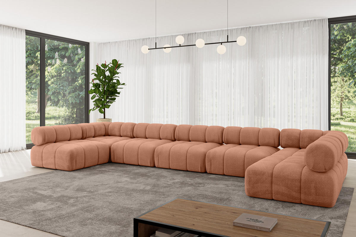 WOHNLANDSCHAFT modulares Sofa Garvo-U3 - 475x190x70 cm Apricot Velours - Koralle, Holzwerkstoff/Textil (475/70/190cm) - ALTDECOR