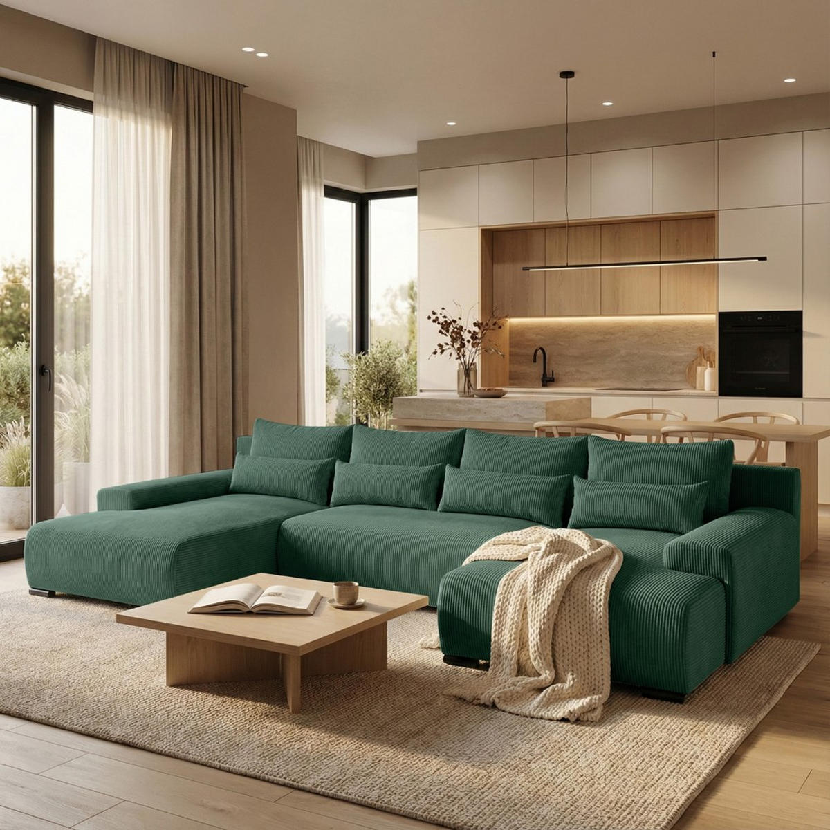 WOHNLANDSCHAFT Benny U grün - Schwarz/Grün, Textil/Metall (350/85/186cm) - Beautysofa