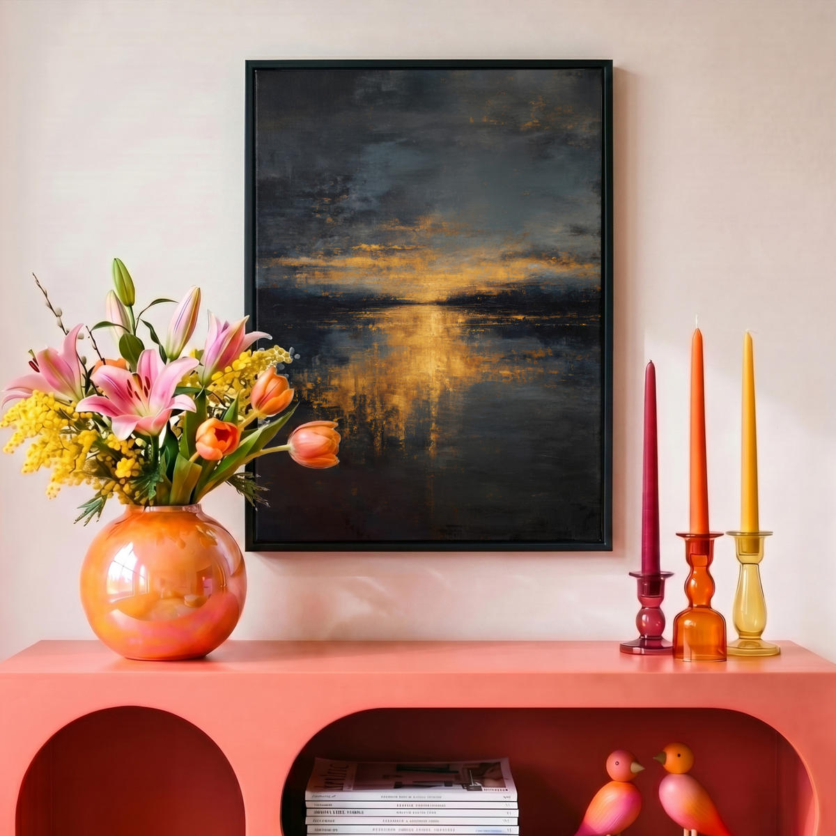 LEINWAND Bilder mit Rahmen - Goldene Reflexion auf dem Wasser - 30x40 - Anthrazit, Textil (30/40cm) - MuchoWow