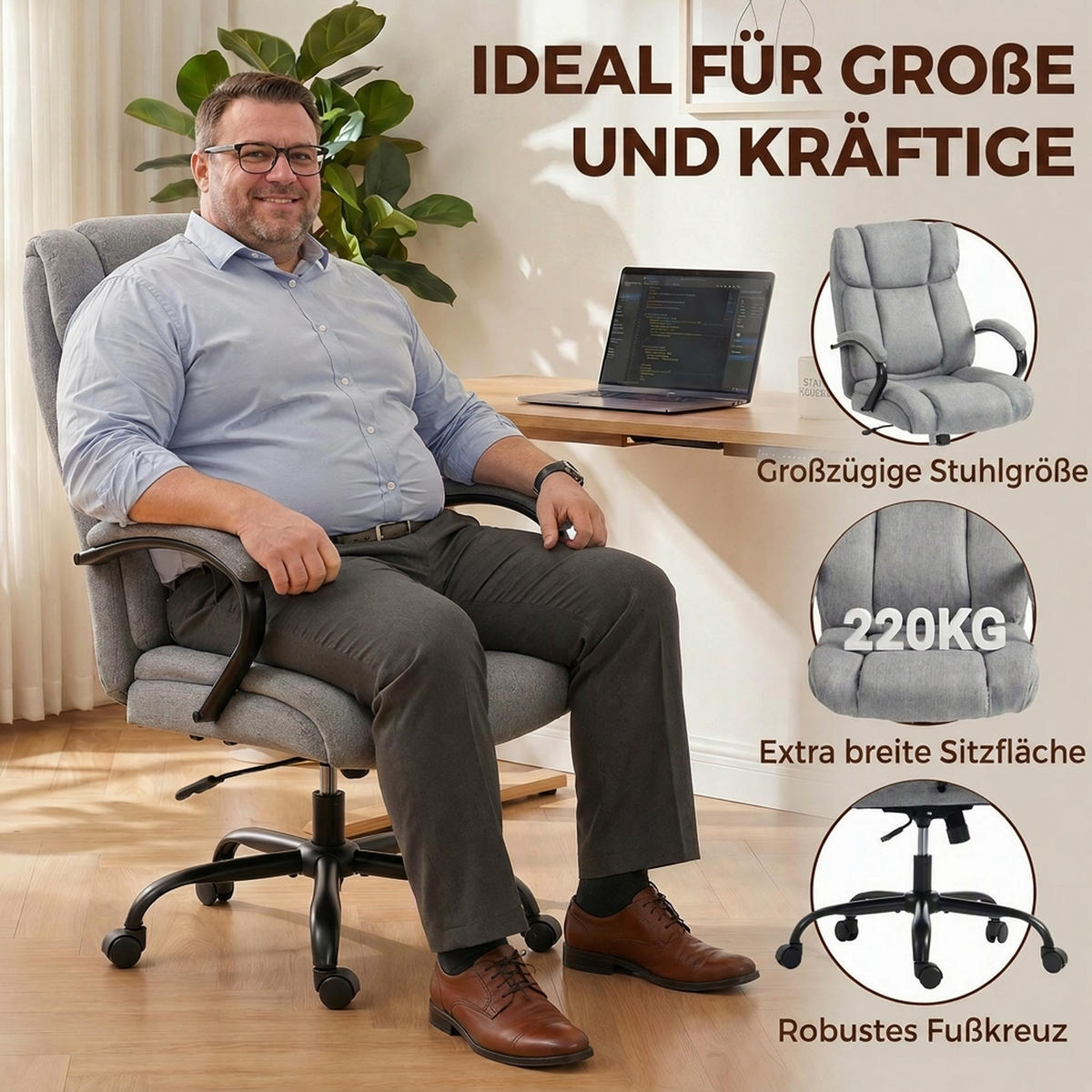 KONTORSTOL Skrivbordsstol, justerbar höjd, bärförmåga 220 kg, ljusgrå - Ljusgrå, Plast (72.5/118/80cm) - Vinsetto