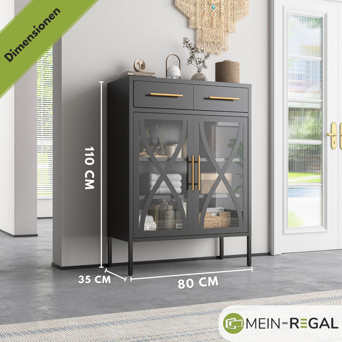 HIGHBOARD TORONTO Metall Schwarz Türen und Schubladen 80/35/110 cm - Schwarz, Metall (35/110/80cm) - Mein-Regal