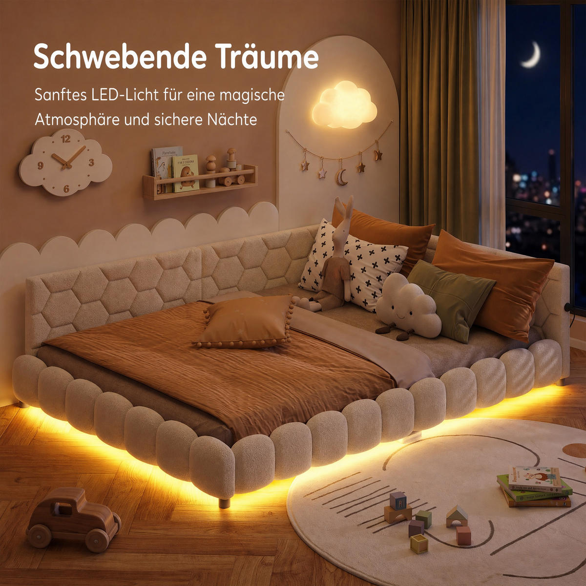 POLSTERBETT 140x200 mit USB und LED, Doppelbett 140x200 cm mit Lattenrost, Jugendbett, Samt, Weiß - Weiß, Holz/Textil (140/200cm) - GENKI LIVING