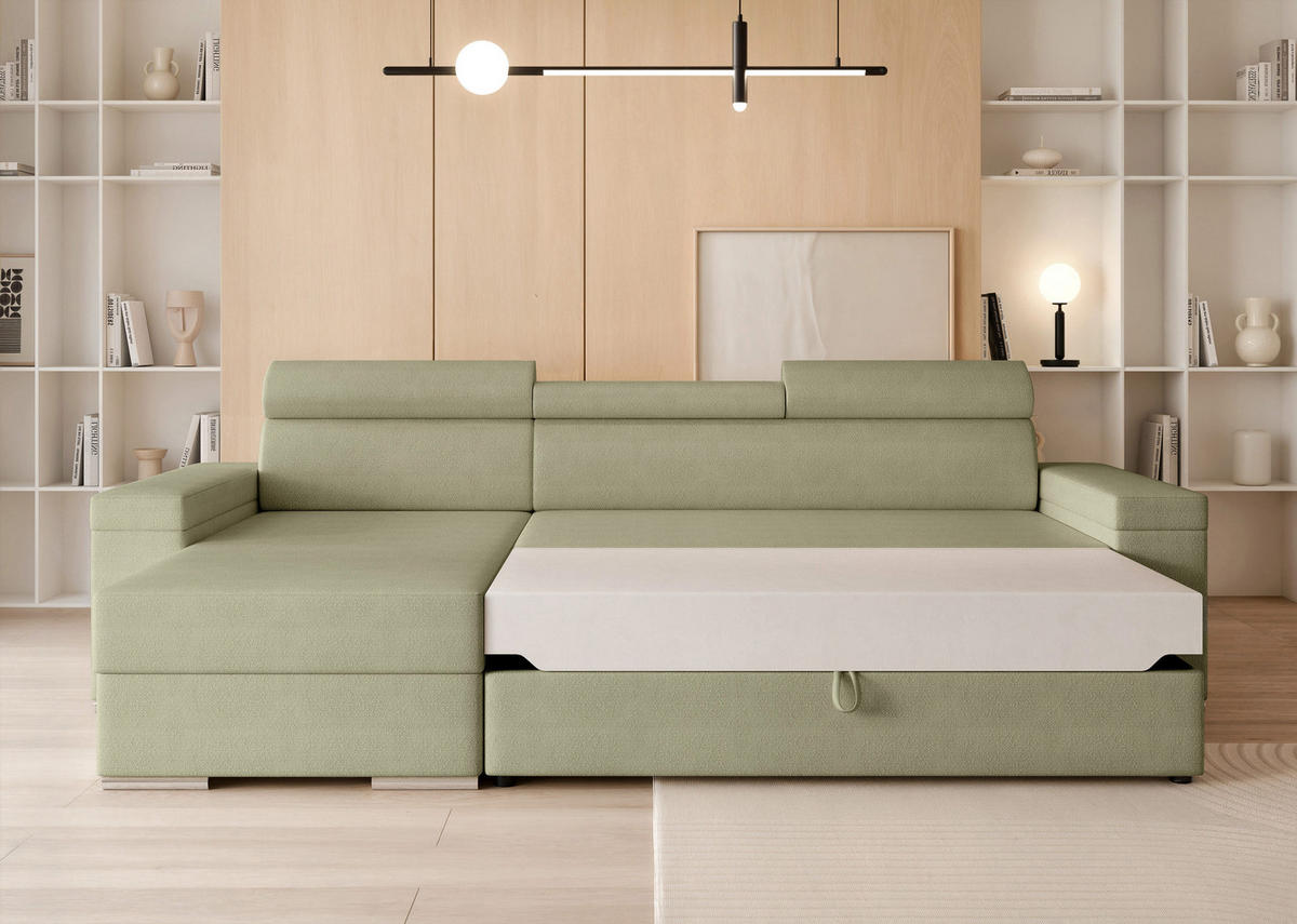 ECKSOFA AISHA mit Schlaffunktion und Bettkasten Grün - Grün, Holzwerkstoff/Kunststoff (250/90cm) - Idohome